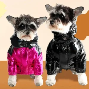 Cappotto per Cani Stile Moncler con Cappuccio Lucido – Rosa o Nero