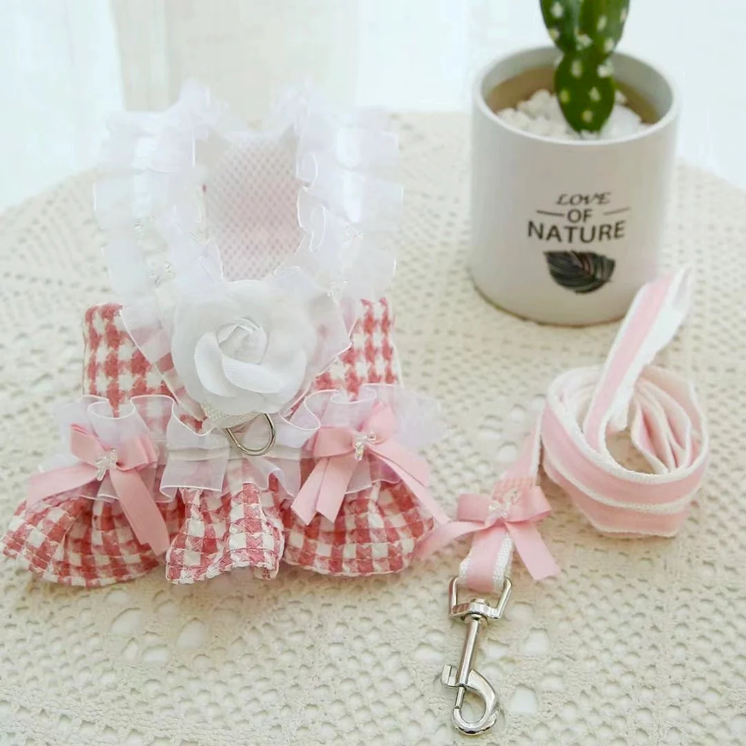 Lace Flower Plaid Dog Harness Leash - immagine 2