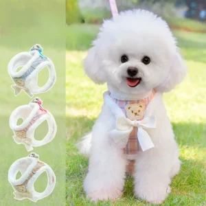 Bear Pattern Plaid Furry Dog Harness Leash