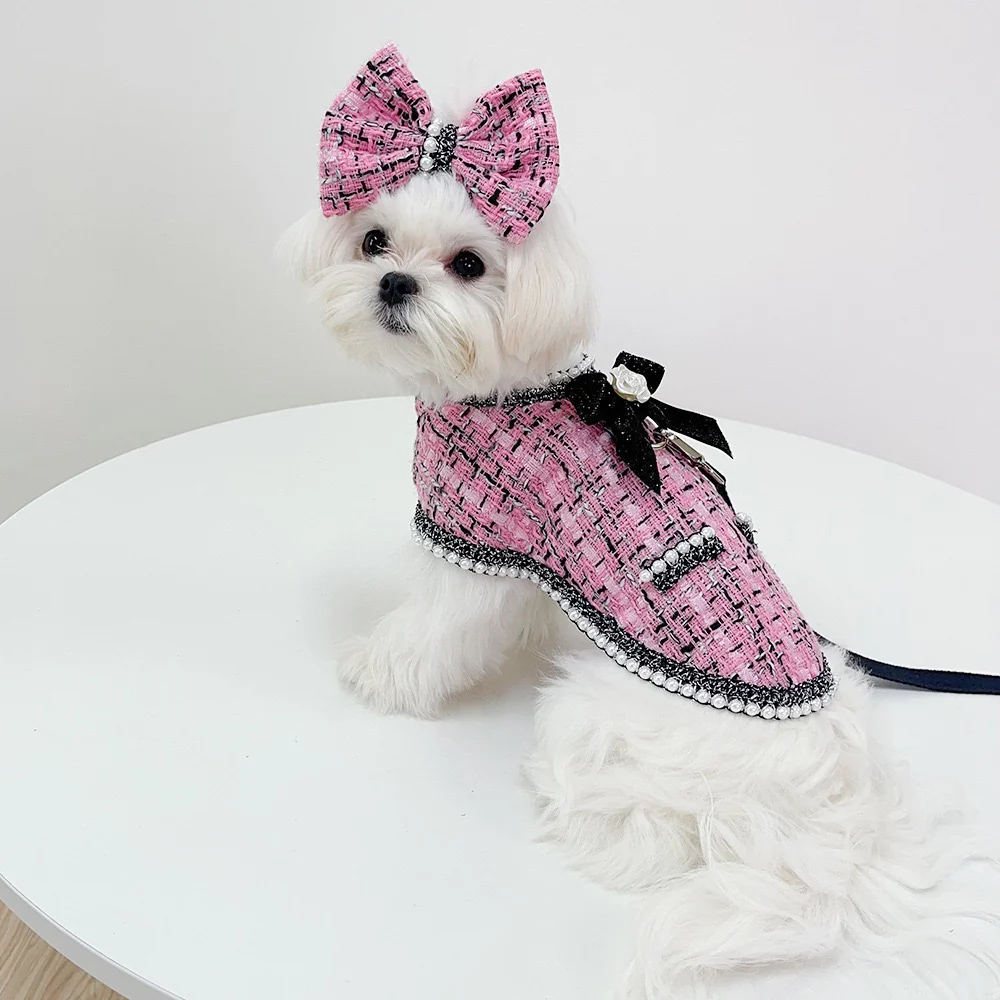 Elegant Pearl Dog Cat Cape Bow Leash Set - immagine 3