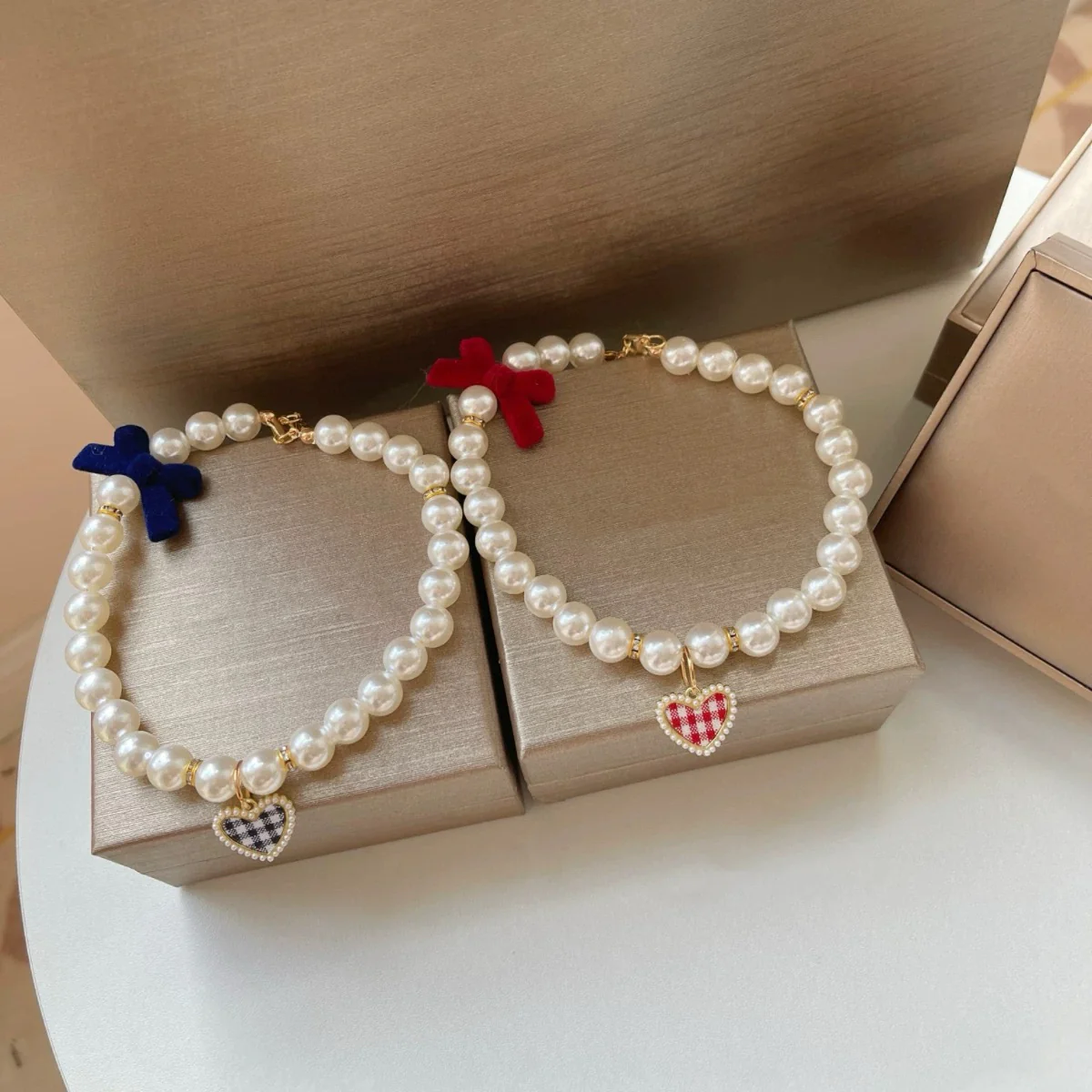 Vintage Plaid Heart Pearl Dog Cat Necklace - immagine 9