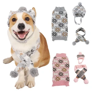 Bone Snowflake Knitted Dog Cat Sweater Scarf Hat