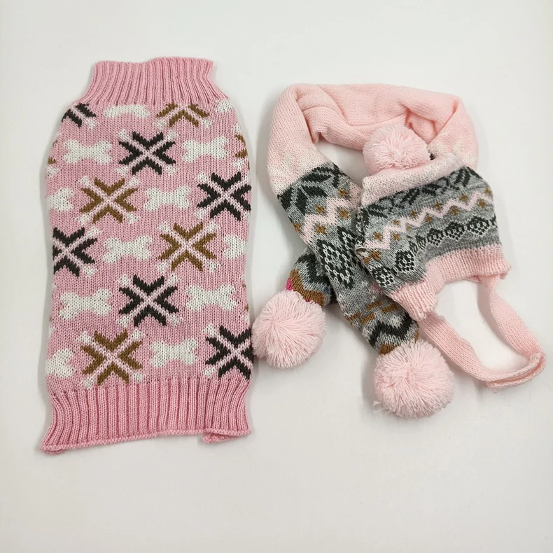 Bone Snowflake Knitted Dog Cat Sweater Scarf Hat - immagine 5