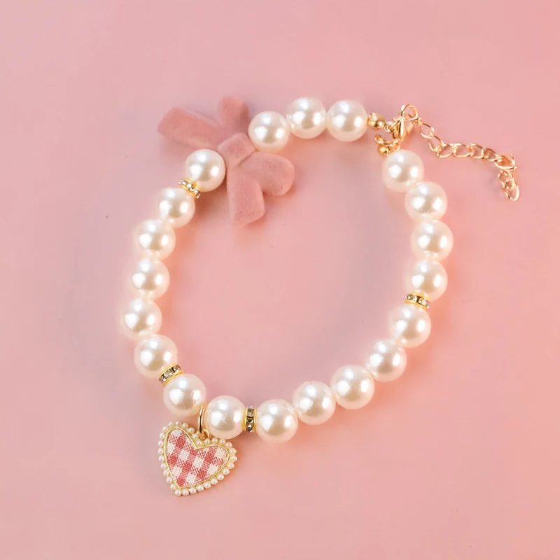 Vintage Plaid Heart Pearl Dog Cat Necklace - immagine 4