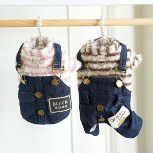 Fleece Striped Denim Dog Overalls Dress/Jumpsuits