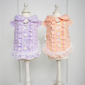 Plaid Lace Buttoned Dog Cat Dress Harness