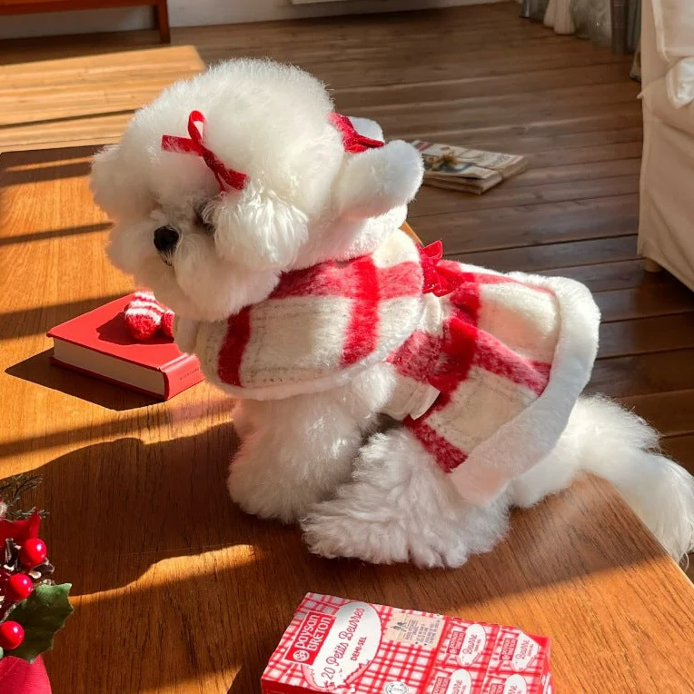 Bow Plaid Ruffled Fleece Dog Cat Dress/Cape - immagine 8