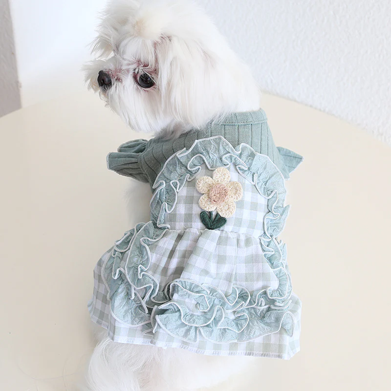 Sweet Flower Plaid Lace Dog Cat Dress - immagine 4