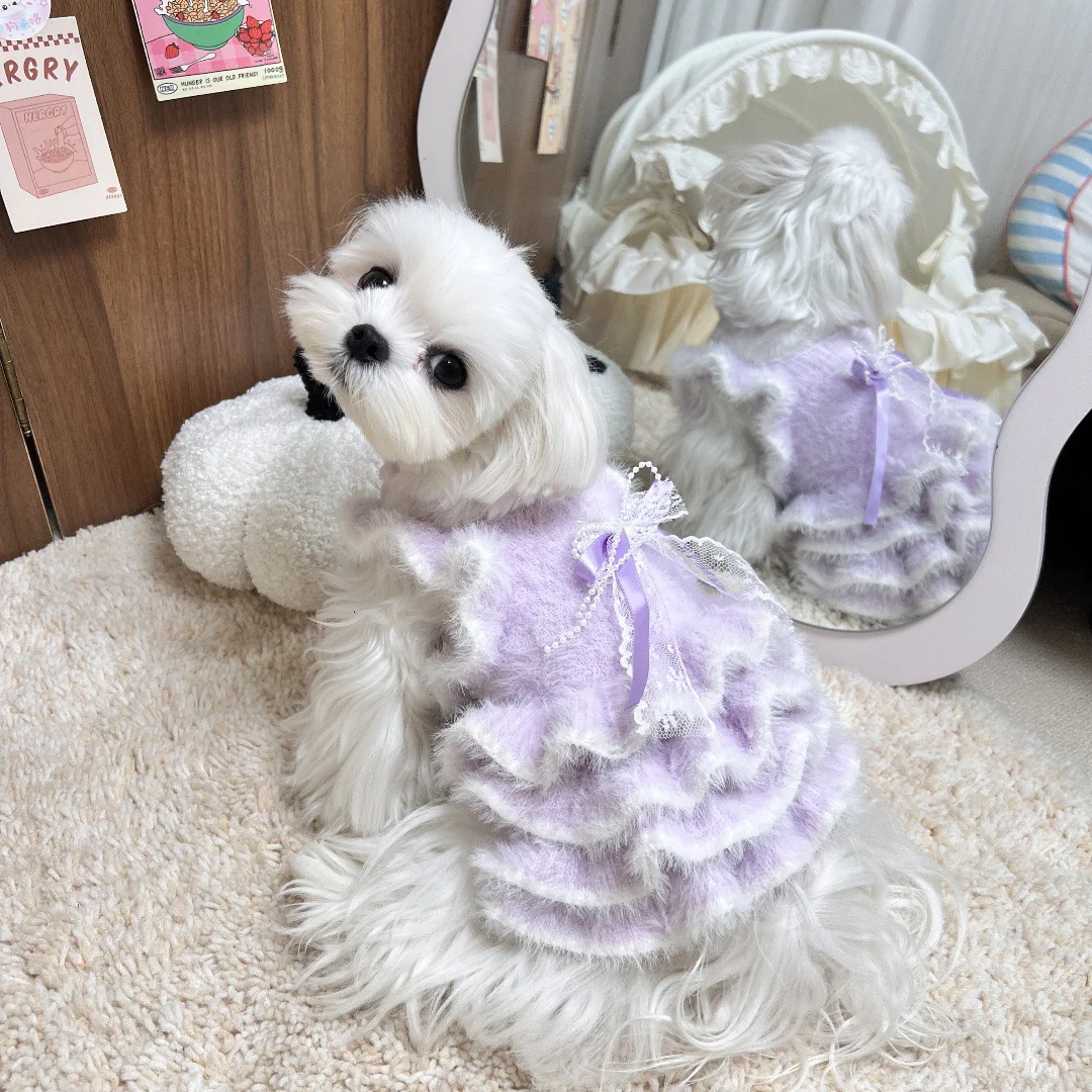 Furry Bowknot Dog Cat Sweater Layered Dress - immagine 6