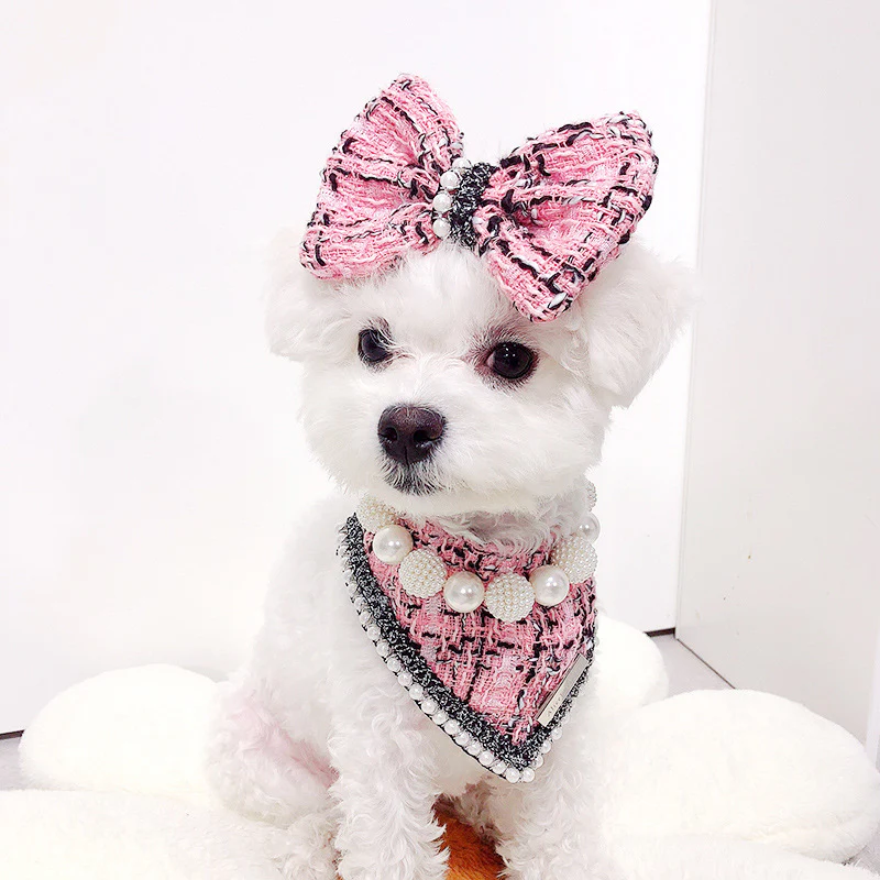Sweet Plaid Pearl Dog Bib&Bow Set - immagine 2