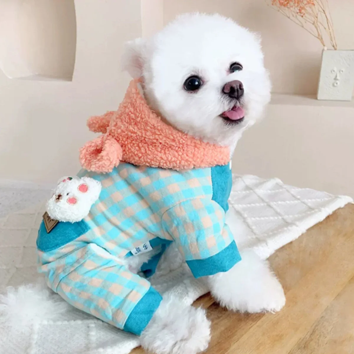 Fleece Plaid Color Block Hooded Dog Jumpsuits - immagine 5