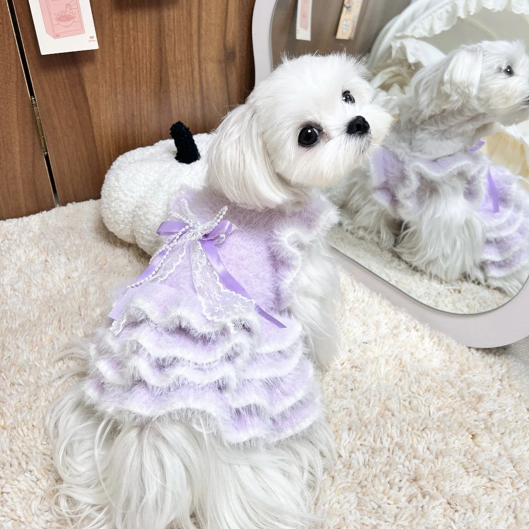 Furry Bowknot Dog Cat Sweater Layered Dress - immagine 3