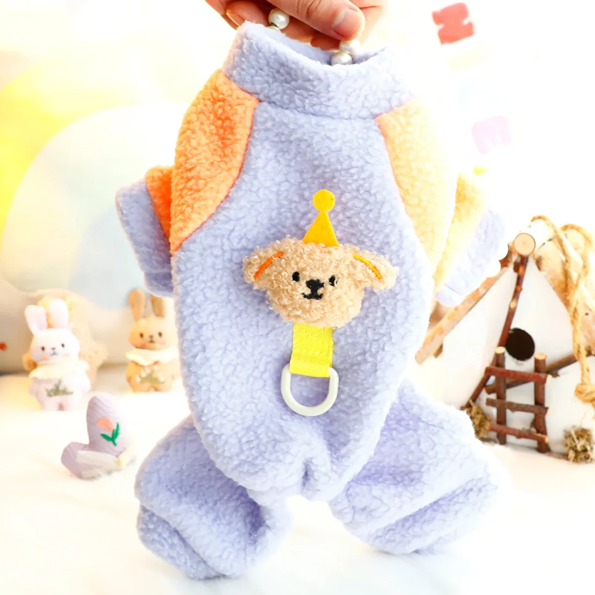 Fleece Color Block Bear Head Dog Harness Jumpsuits - immagine 3