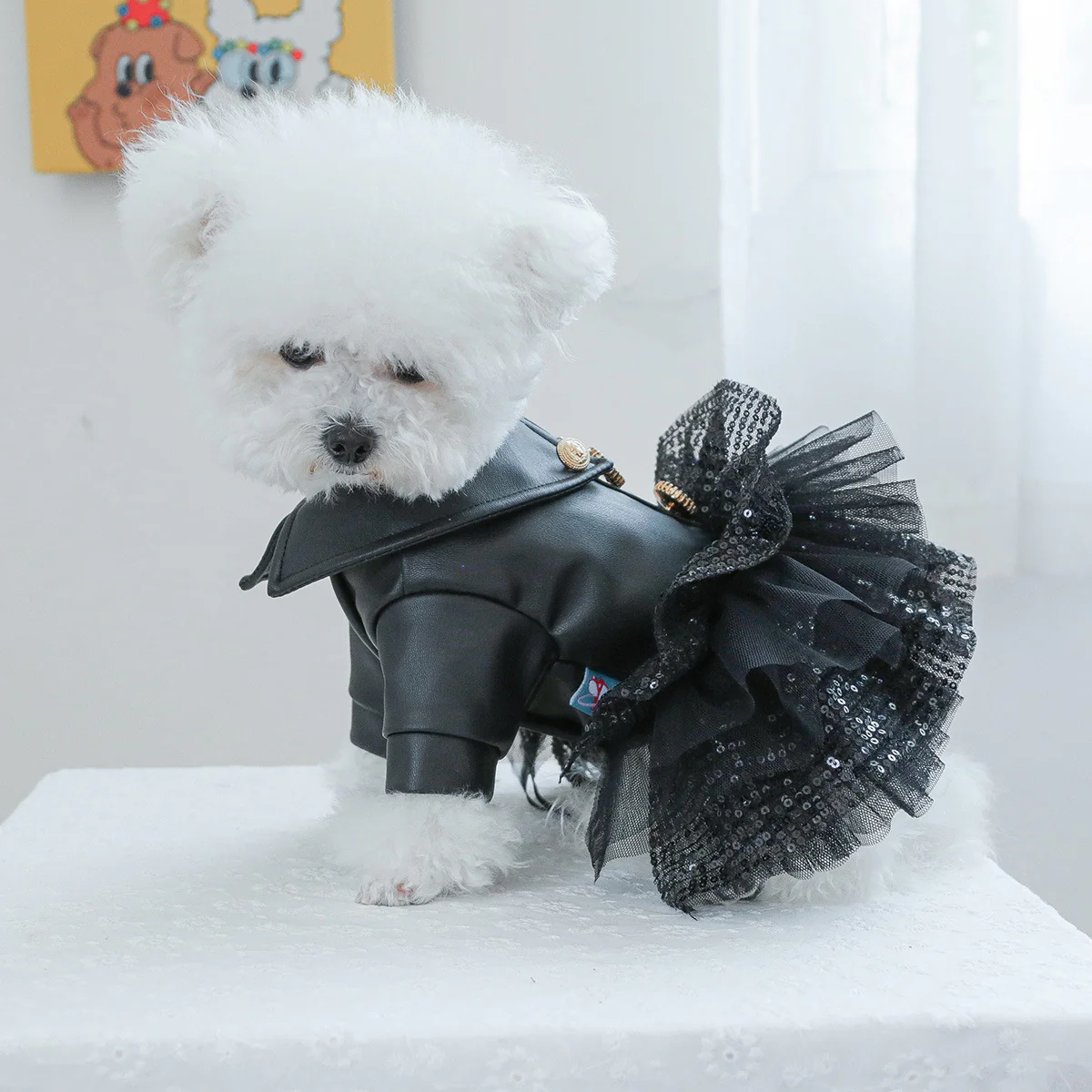 Black Faux Fur Dog Cat Jacket/Dress - immagine 7