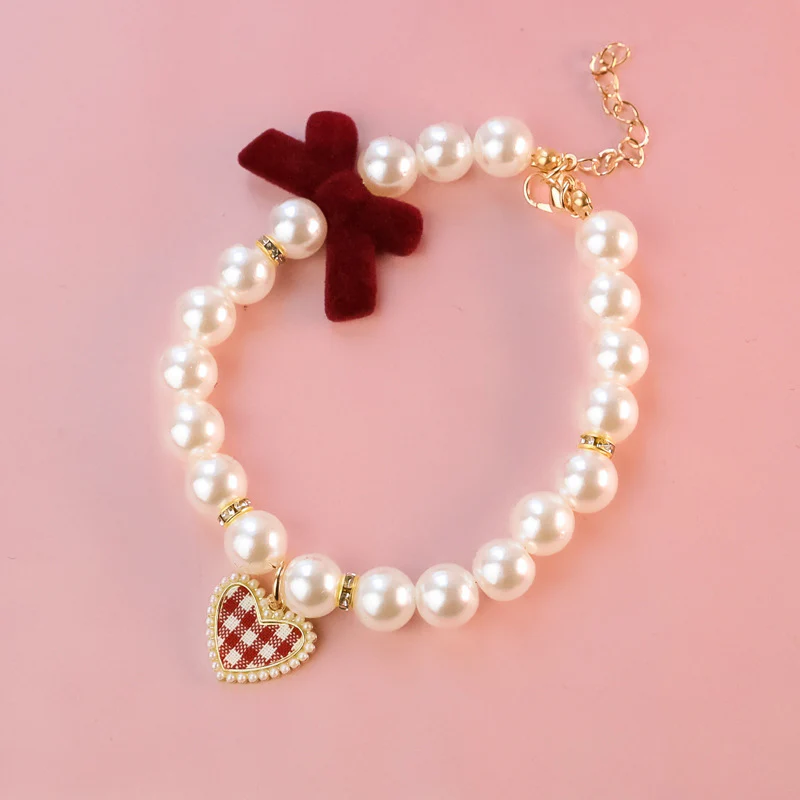 Vintage Plaid Heart Pearl Dog Cat Necklace - immagine 3