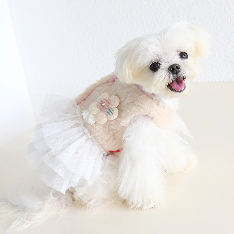 Fleece Flower Tree Rabbit Decor Dog Cat Lace Dress - immagine 3