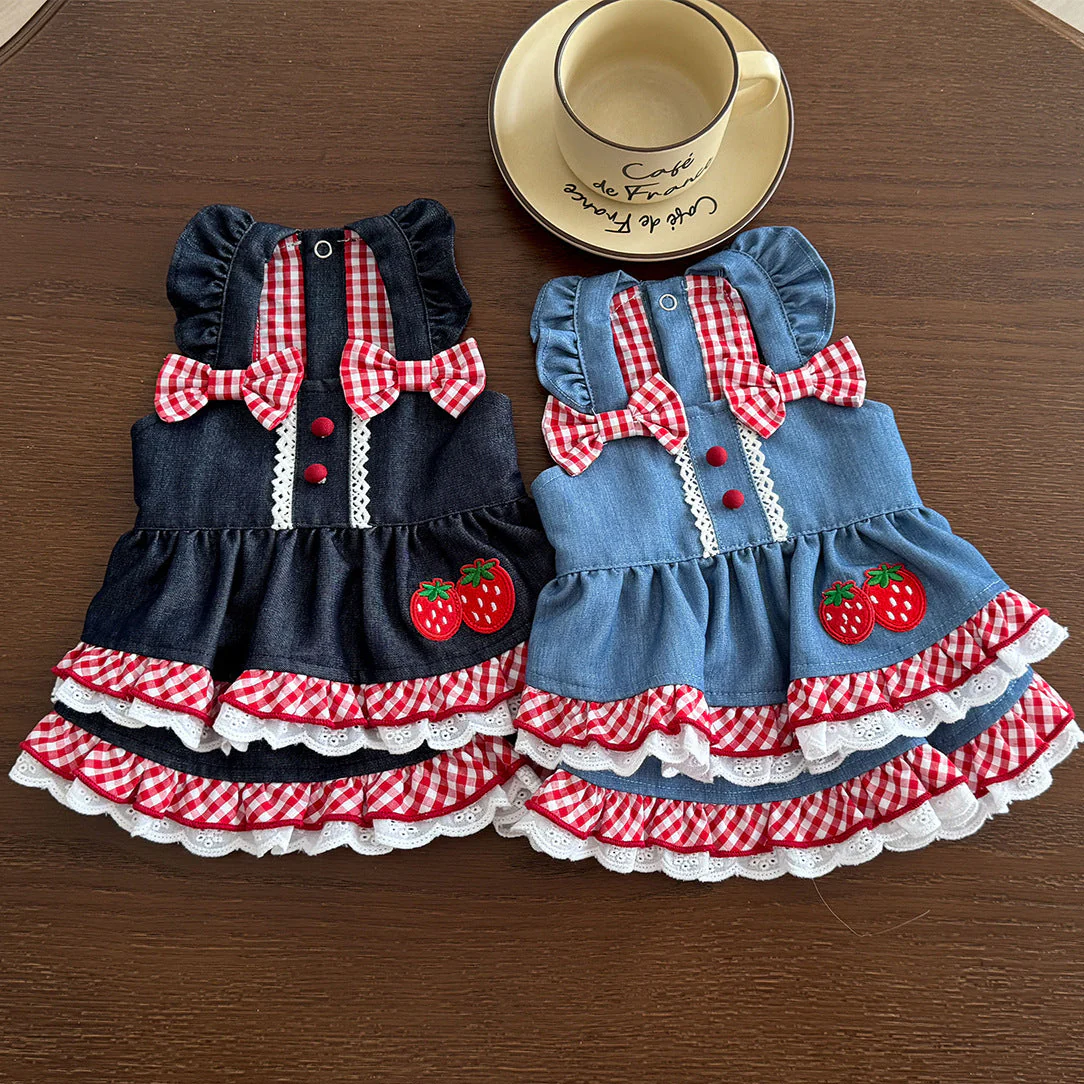 Sweet Strawberry Pattern Denim Dog Cat Dress - immagine 2