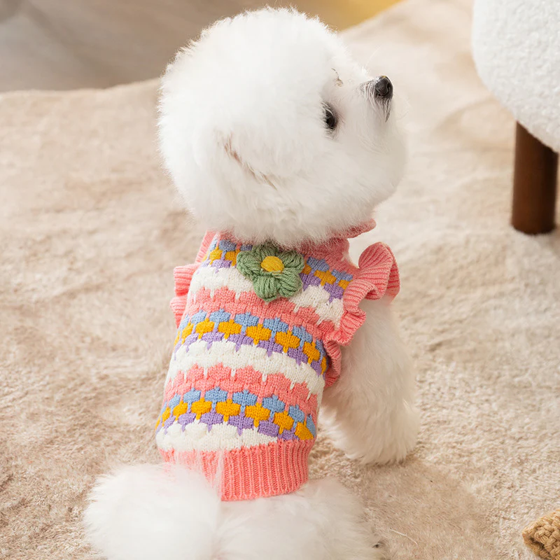Sweet Knitted Flower Ruffled Sleeves Dog Cat Sweater - immagine 4