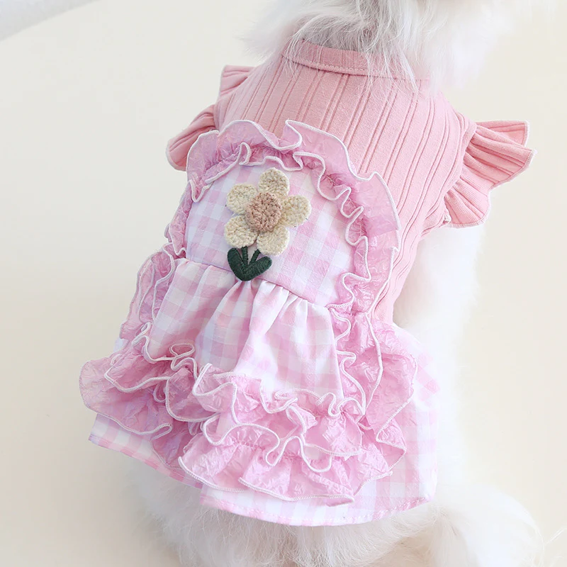 Sweet Flower Plaid Lace Dog Cat Dress - immagine 9