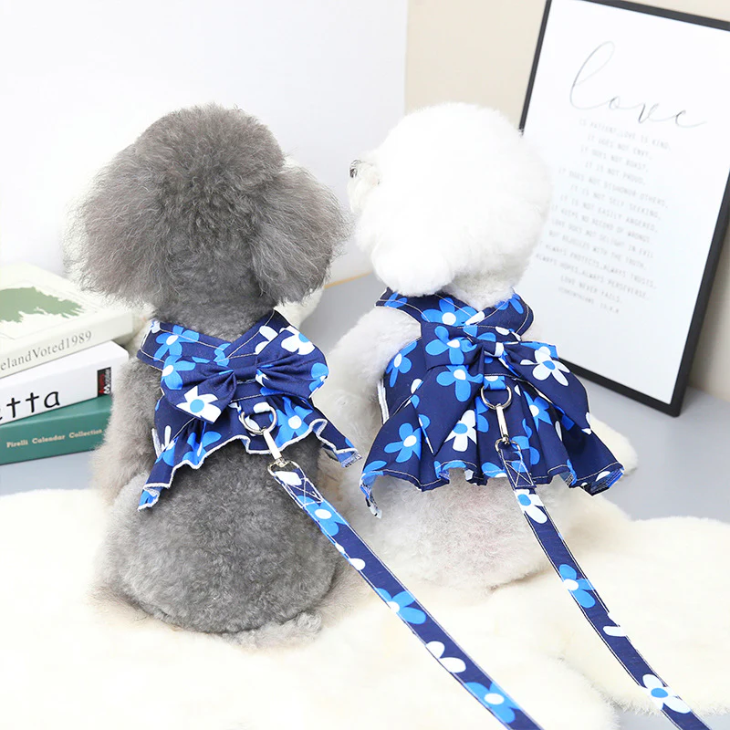 Floral Printed Dog Dress&Vest Harness with Leash - immagine 2