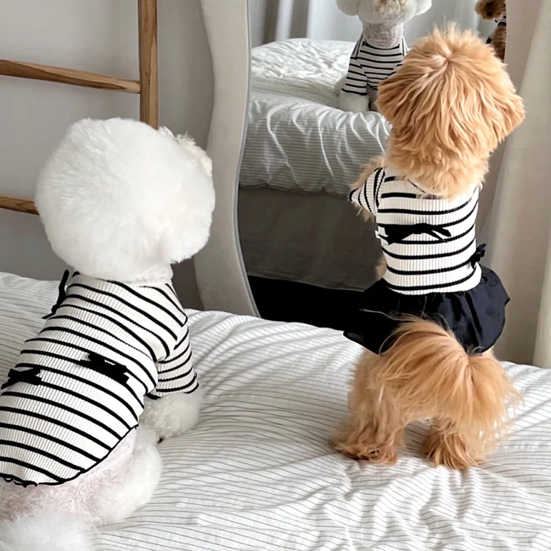 Black White Striped Bow Dog Cat Tee/Dress - immagine 5