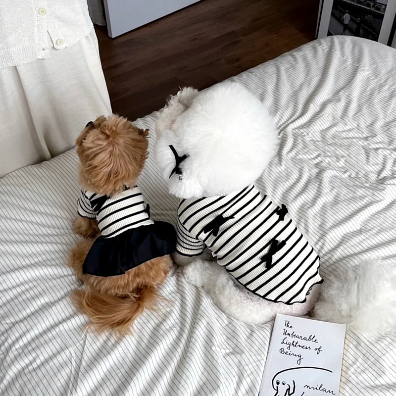 Black White Striped Bow Dog Cat Tee/Dress - immagine 8