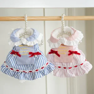 Sweet Striped Letter Bow Fleece Dog Cat Dress