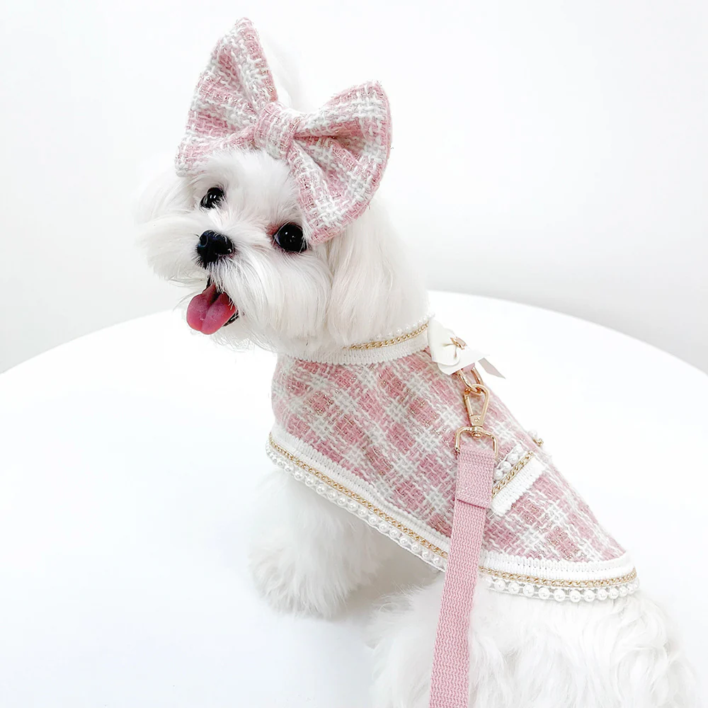 Elegant Pearl Dog Cat Cape Bow Leash Set
