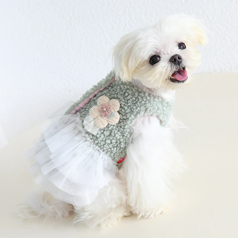 Fleece Flower Tree Rabbit Decor Dog Cat Lace Dress - immagine 4