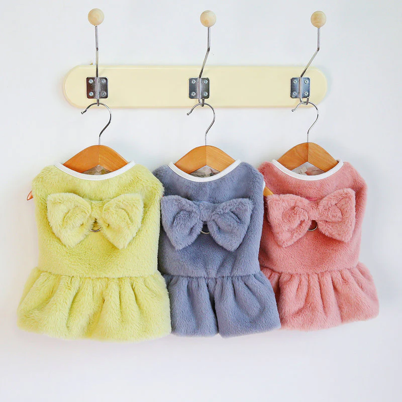 Fleece Solid Color Bowknot Dog Cat Harness Dress - immagine 9
