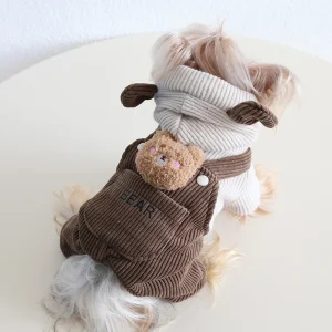 Corduroy Bear Decor Hooded Dog Jumpsuits