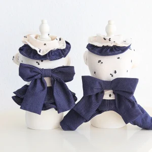 Denim Bow Decor Floral Dog Jumpsuits Dress