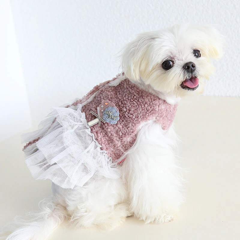 Fleece Flower Tree Rabbit Decor Dog Cat Lace Dress - immagine 5