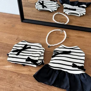 Black White Striped Bow Dog Cat Tee/Dress