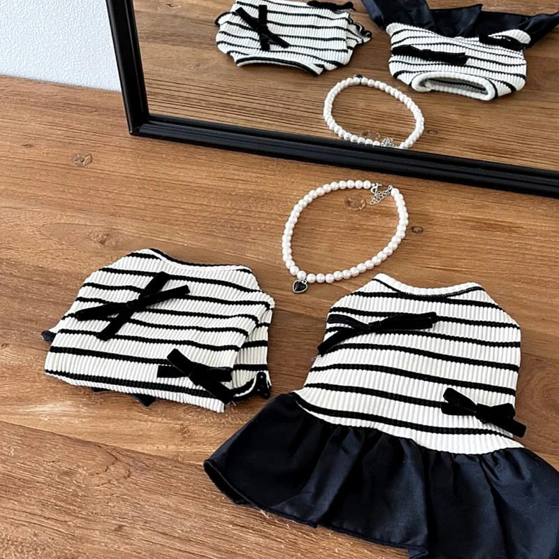 Black White Striped Bow Dog Cat Tee/Dress