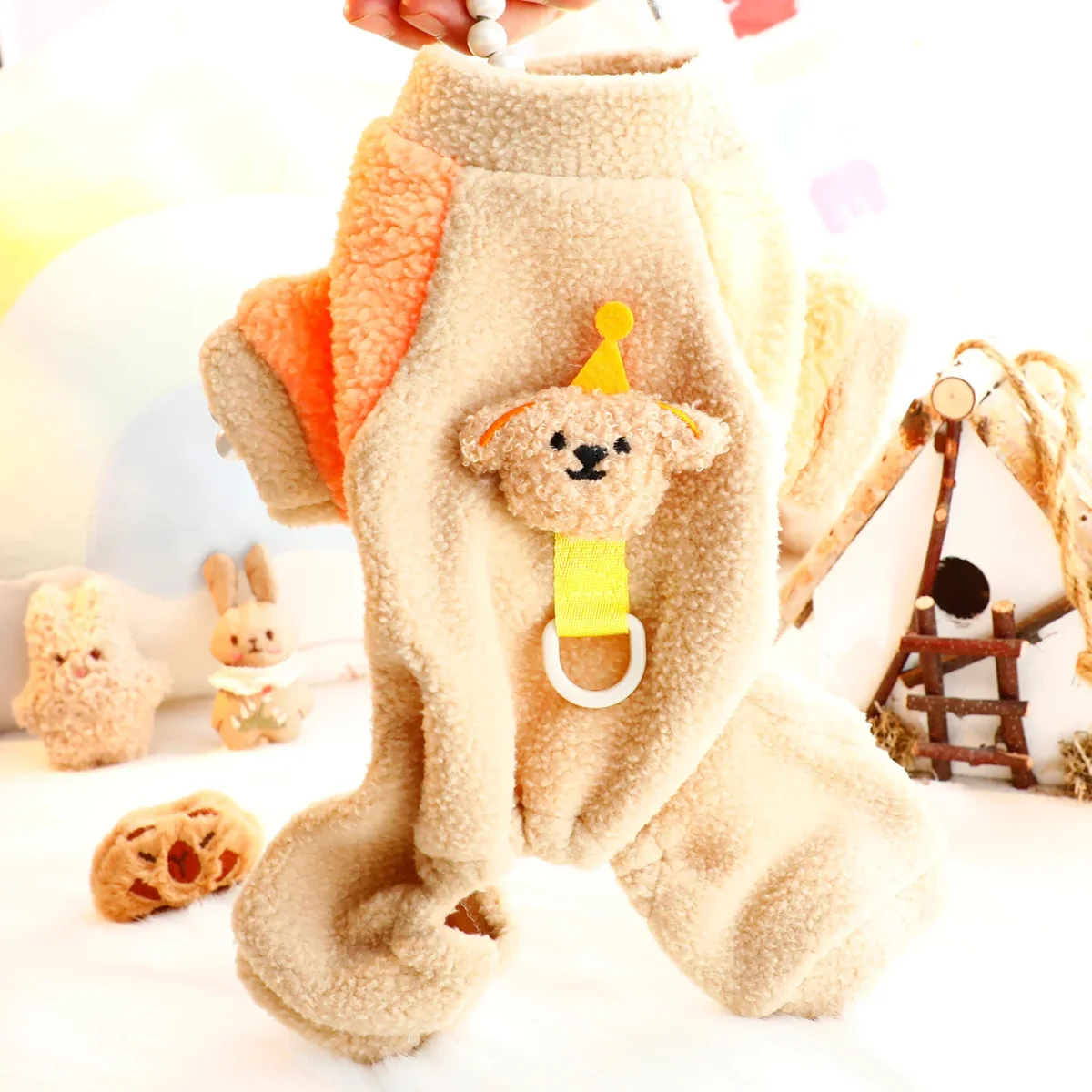 Fleece Color Block Bear Head Dog Harness Jumpsuits - immagine 2