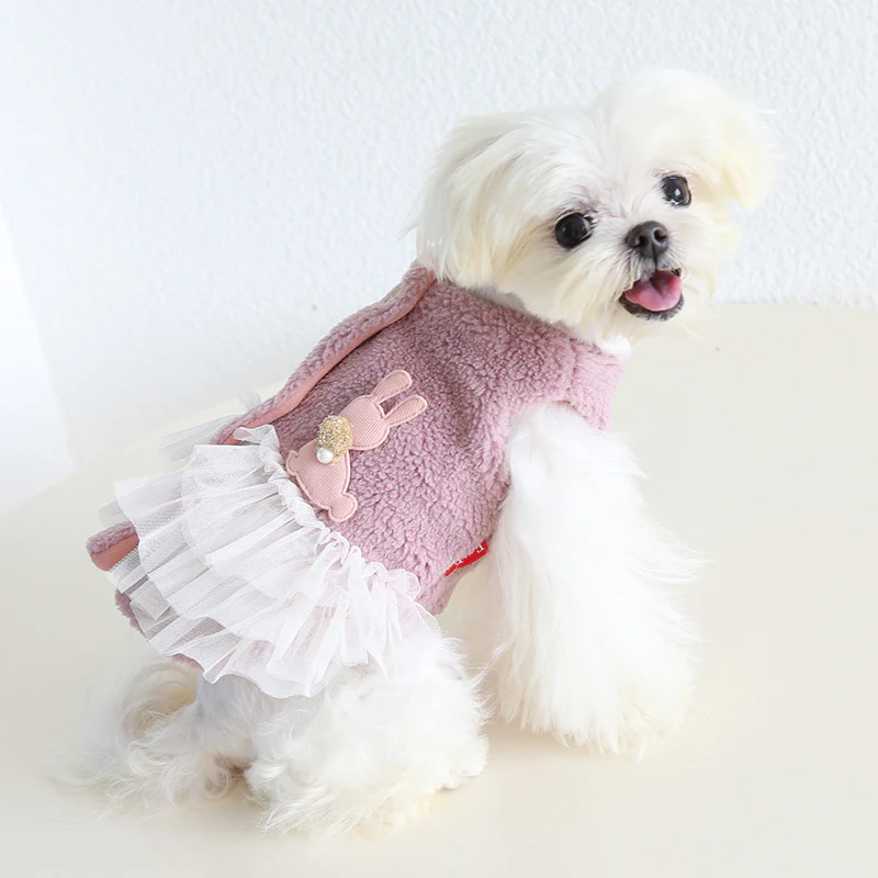 Fleece Flower Tree Rabbit Decor Dog Cat Lace Dress - immagine 7