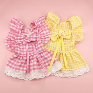 Plaid Printed Dog Cat Dress with Bow
