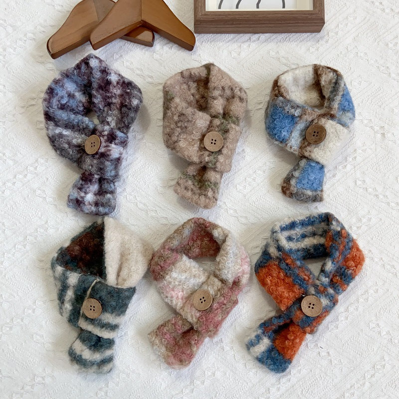 Plaid Pattern Buttoned Fleece Dog Cat Scarf