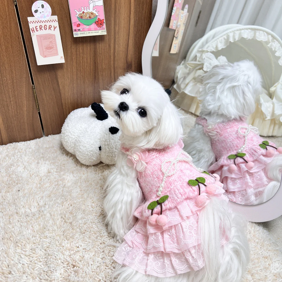 Sweet Cherry Flower Knitted Dog Cat Dress