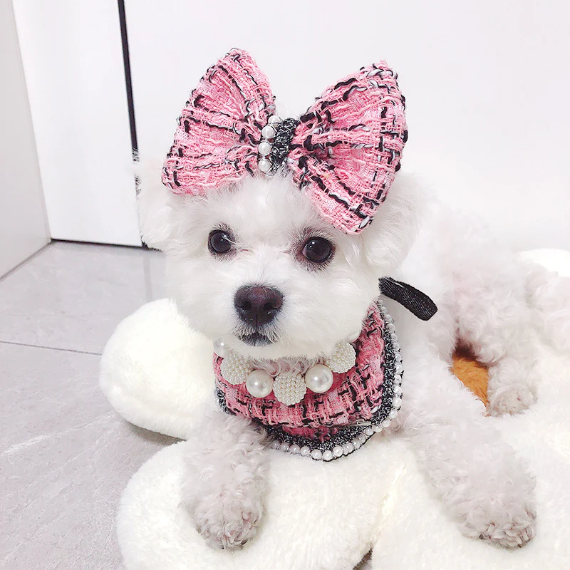 Sweet Plaid Pearl Dog Bib&Bow Set - immagine 8