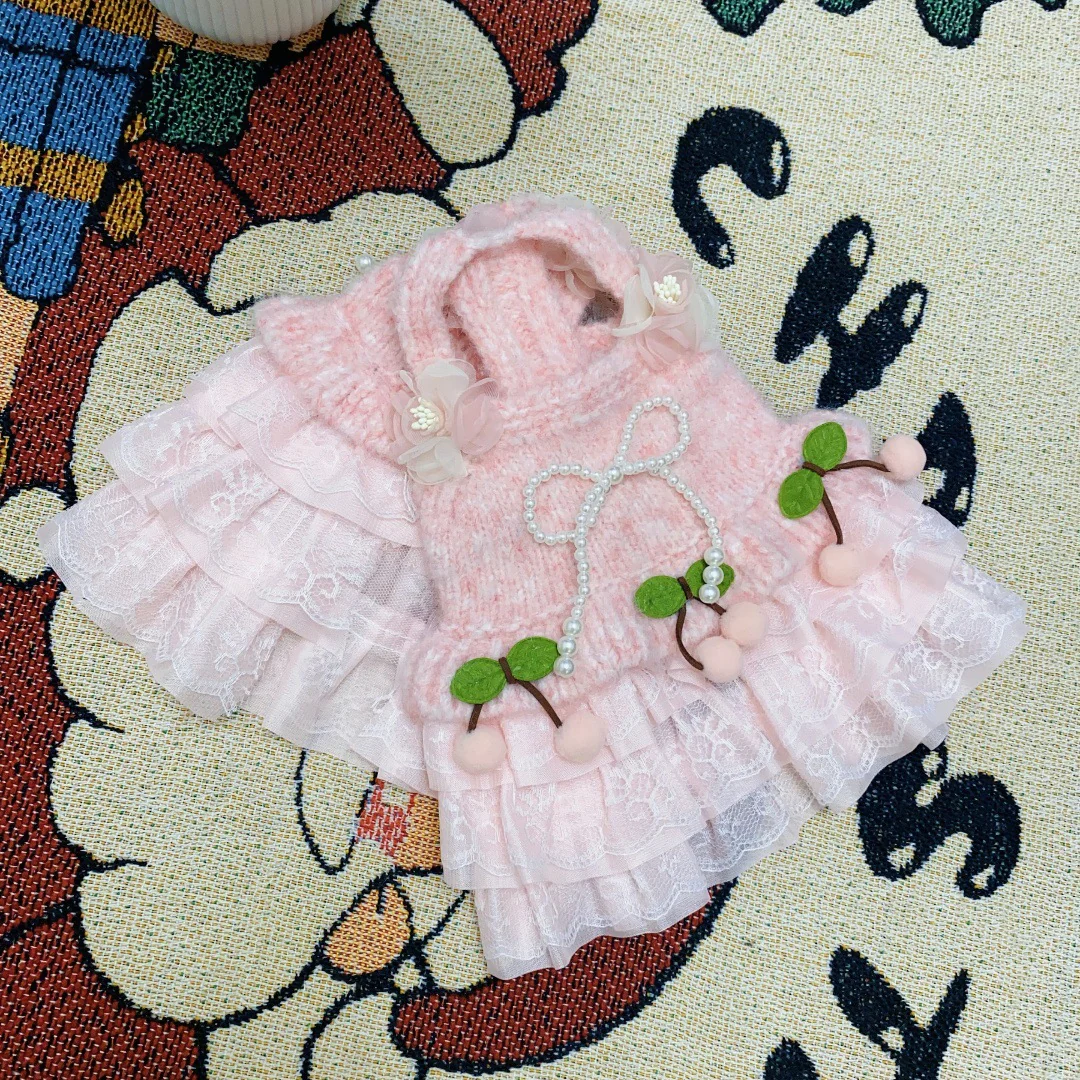 Sweet Cherry Flower Knitted Dog Cat Dress - immagine 9