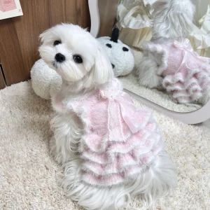 Furry Bowknot Dog Cat Sweater Layered Dress
