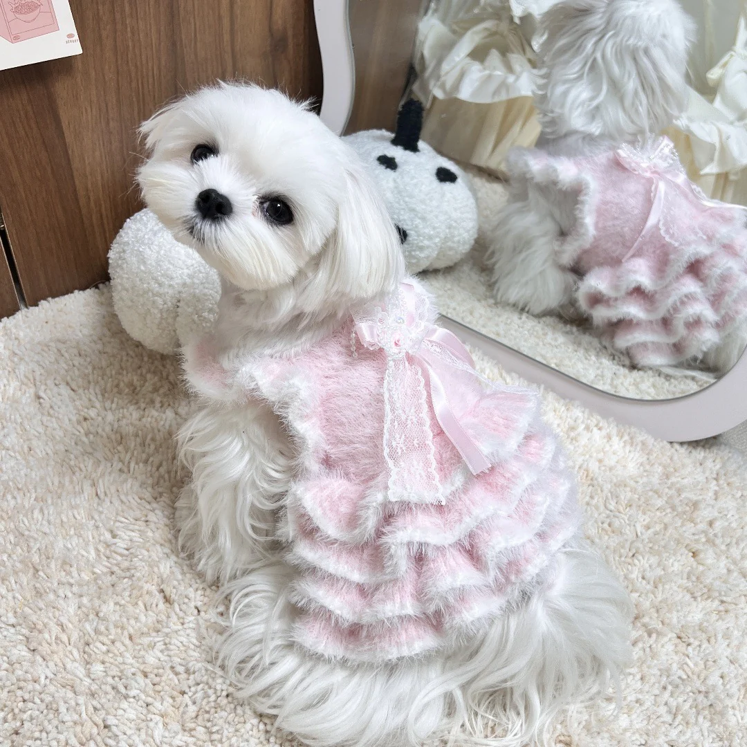 Furry Bowknot Dog Cat Sweater Layered Dress