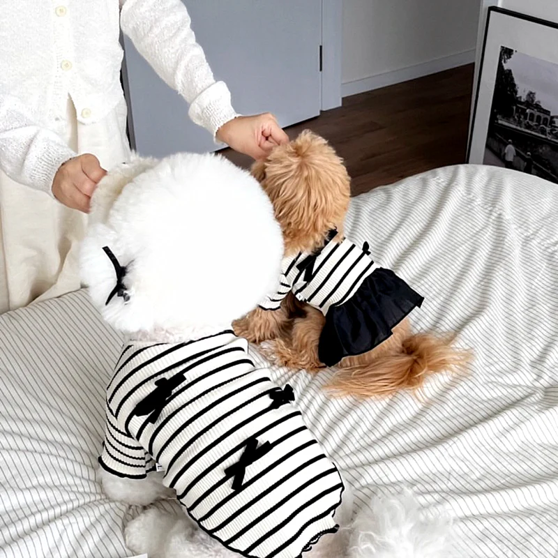 Black White Striped Bow Dog Cat Tee/Dress - immagine 4