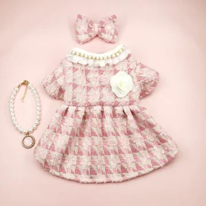 Plaid Pearl Bow Dog Cat Dress&Collar Set