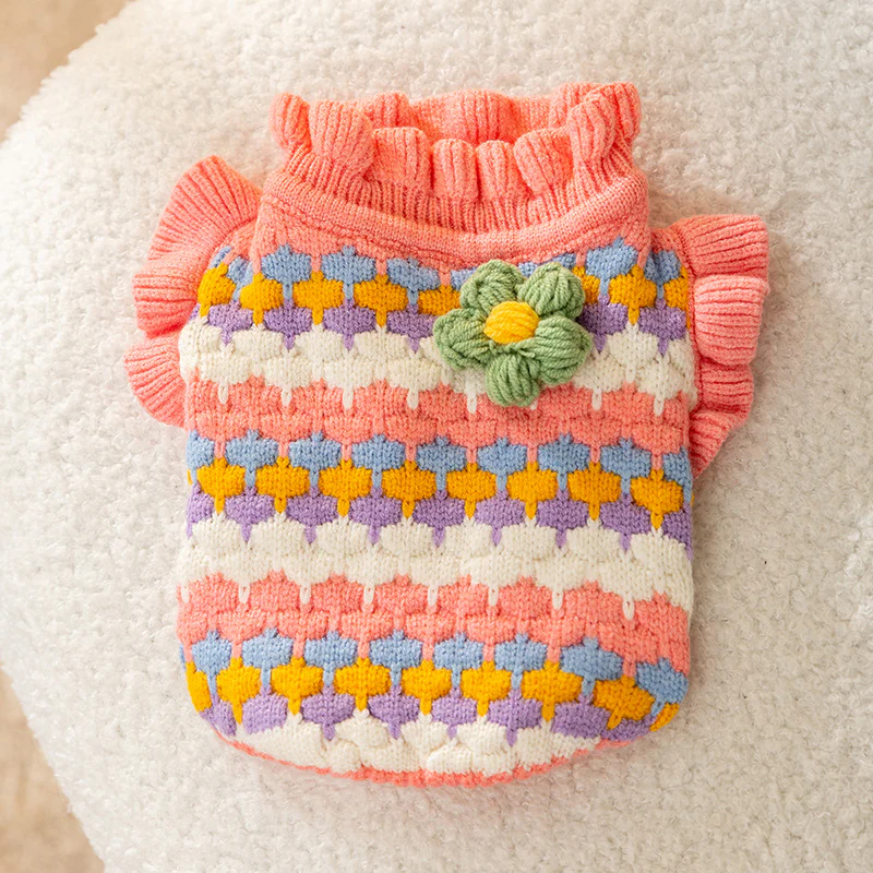 Sweet Knitted Flower Ruffled Sleeves Dog Cat Sweater