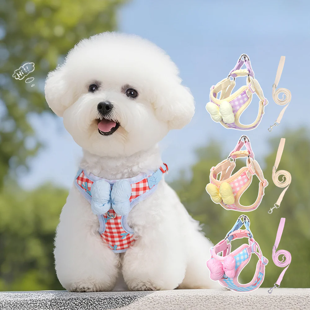 Bow Decor Plaid Color Block Dog Harness Leash
