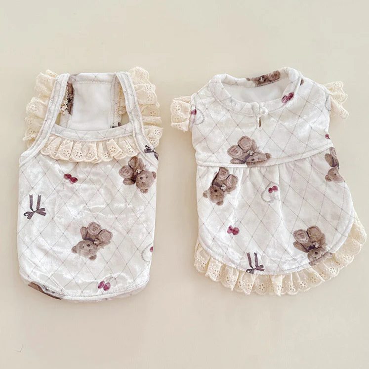 Velvet Lace Bear Printed Dog Cat Dress/Vest